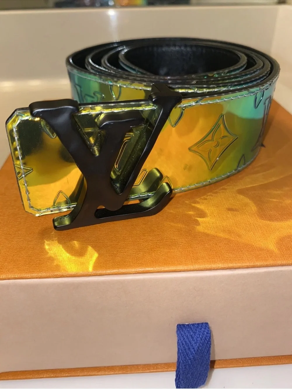 Louis Vuitton Iridescent Yellow-Green Monogram Belt with Black LV Buckle